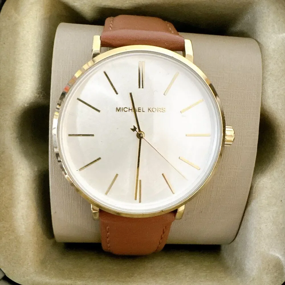 Michael Kors MK7149 Pyper Gold‑Tone Brown Leather White Dial Ladies Quartz Watch